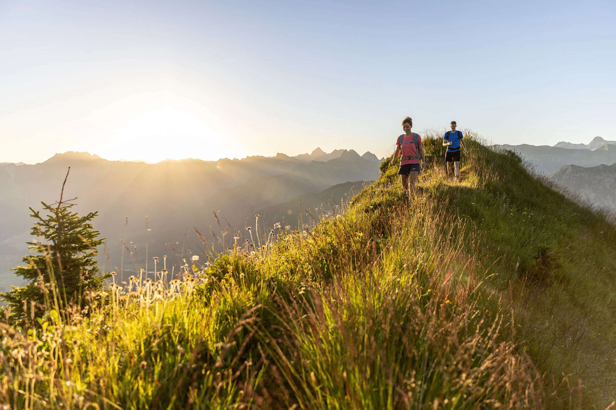 Wendelin Thannheimer und Agnes Zobel beim Wandern im Morgenlicht am Fellhorn/Söllereck.