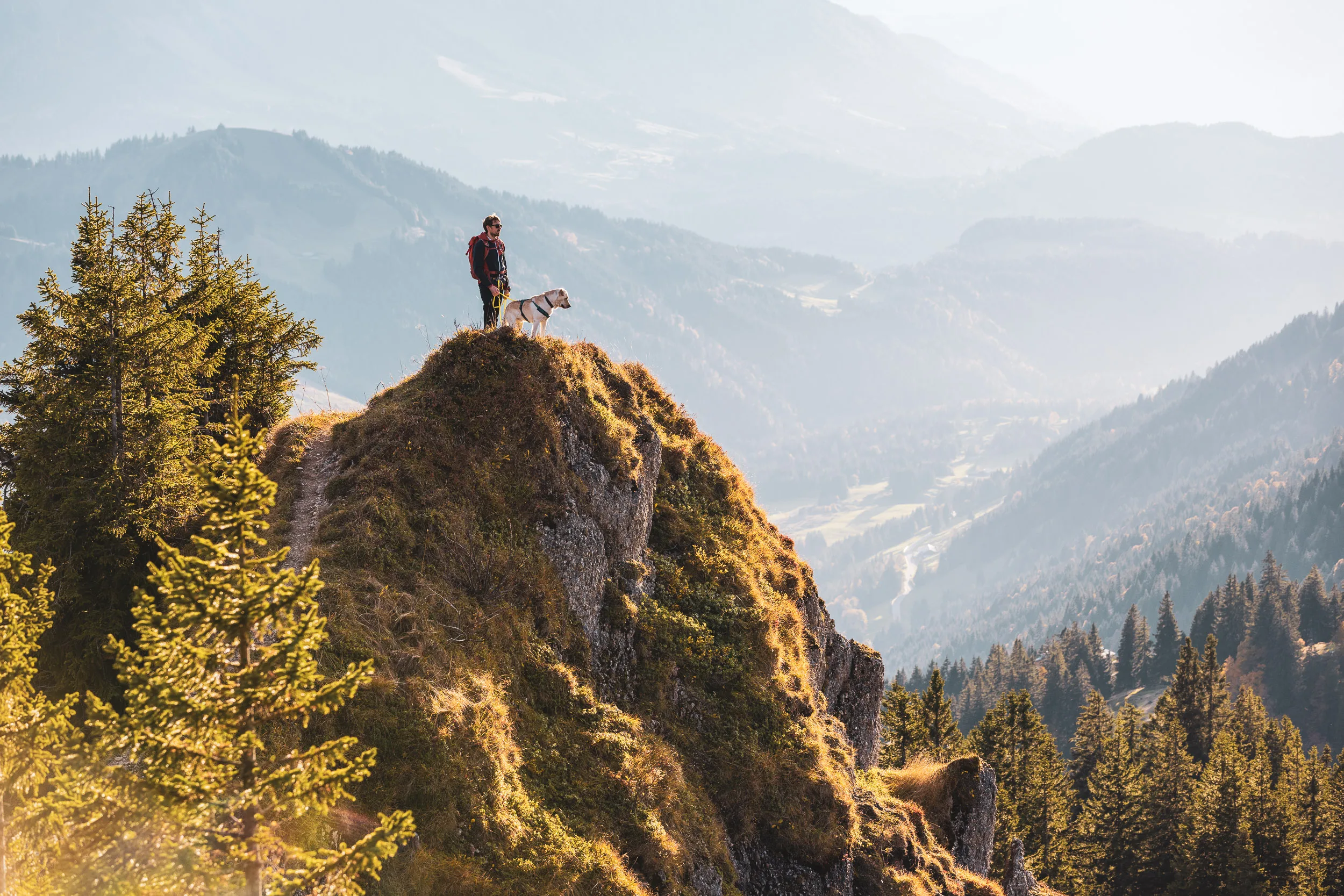 Wanderer und Hund stehen auf einem schmalen Gipfel über den Tälern des Oberallgäus
