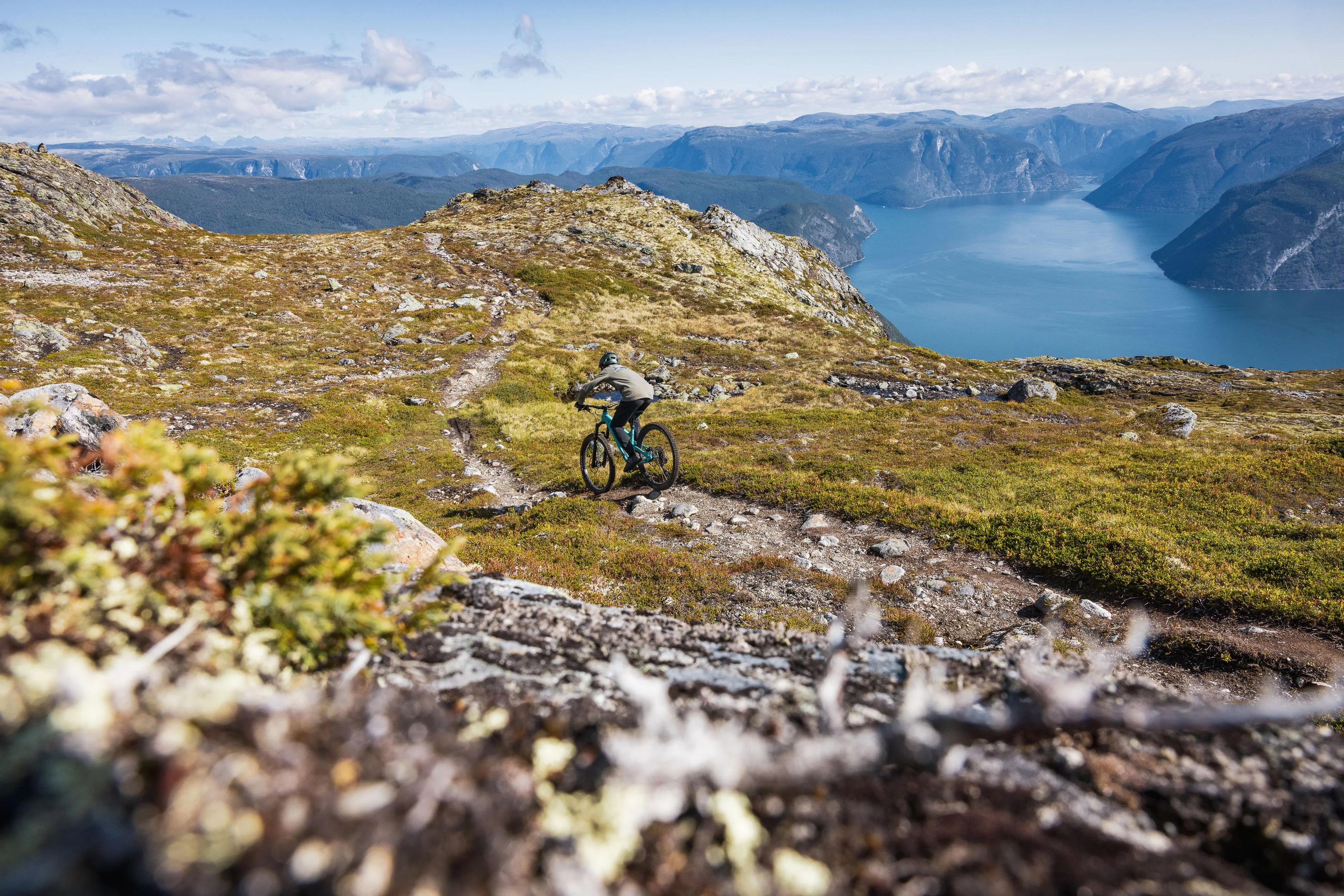 Mountainbiker fährt einen schmalen Trail über dem Fjord und fernen Bergketten hinab