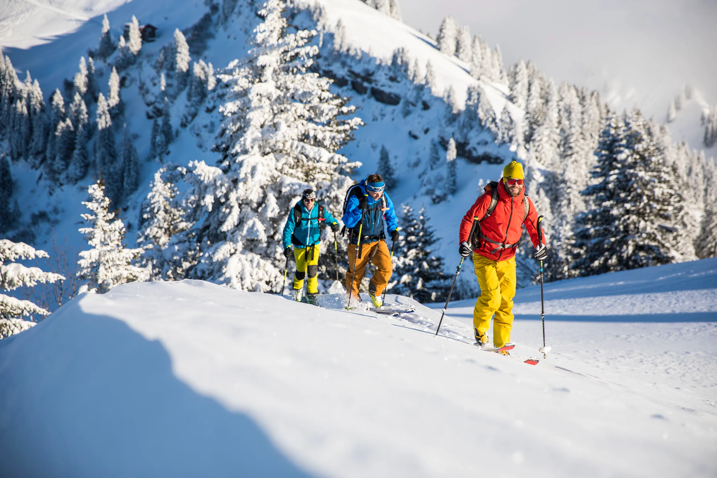 Skitourengeher ziehen mit Fellen durch die helle Winterlandschaft.