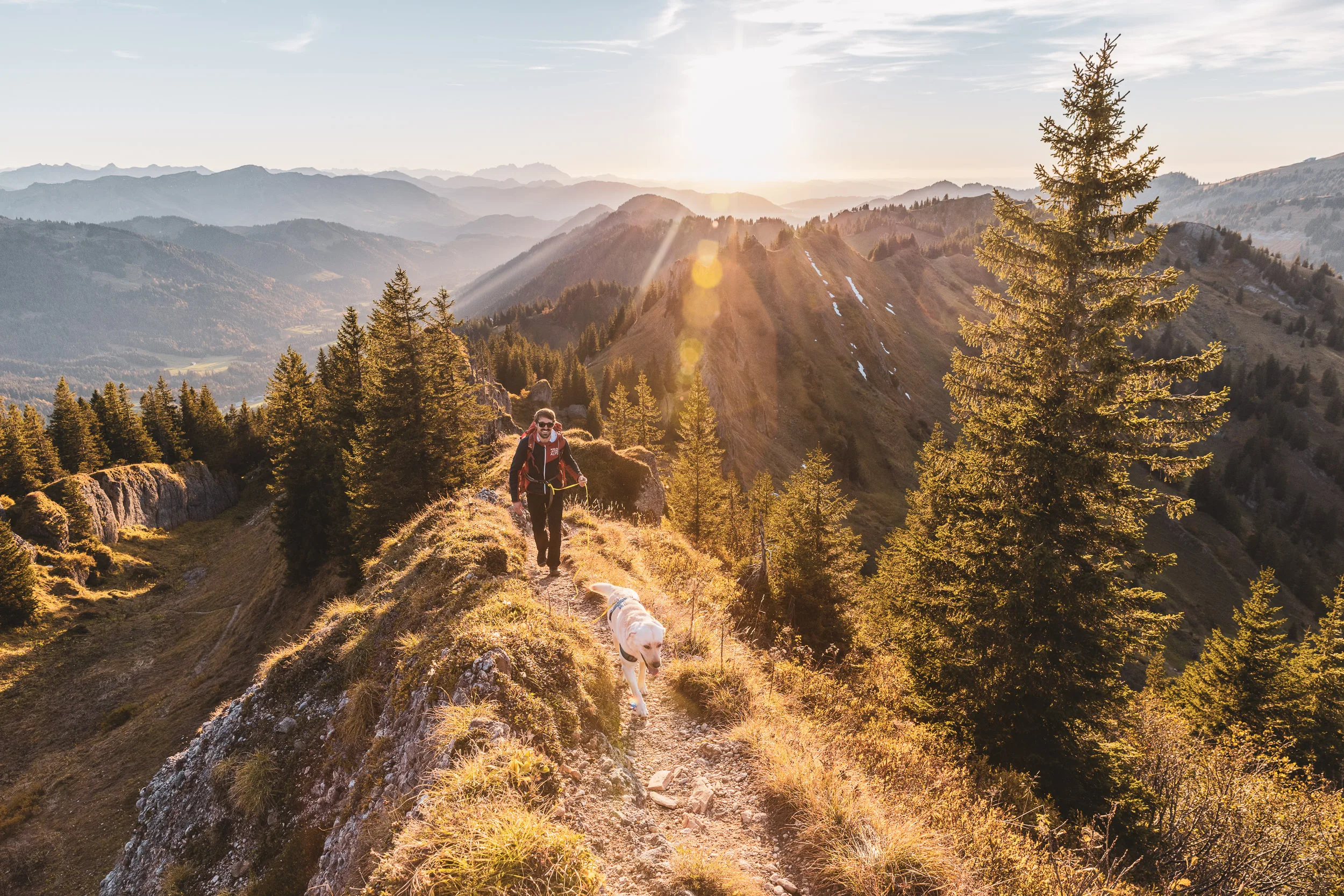 Wanderer mit Hund auf einem schmalen Gratweg vor einem weiten Bergpanorama