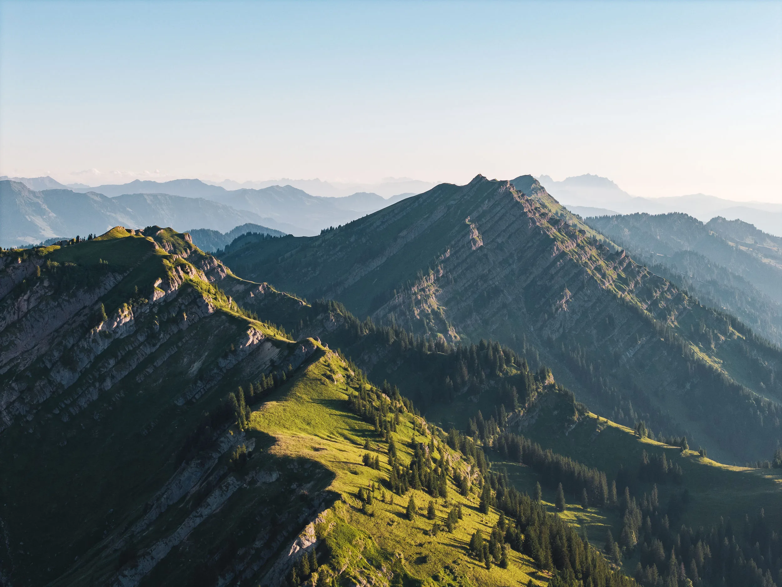 Grüne und felsige Gipfel der Nagelfluhkette staffeln sich vor blassen Bergketten im Abendlicht.