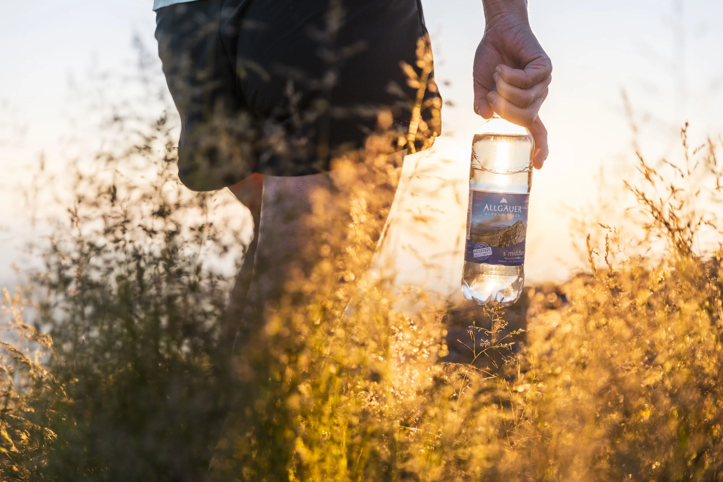 Eine Hand hält eine Wasserflasche zwischen goldenen Gräsern im tiefen Gegenlicht.