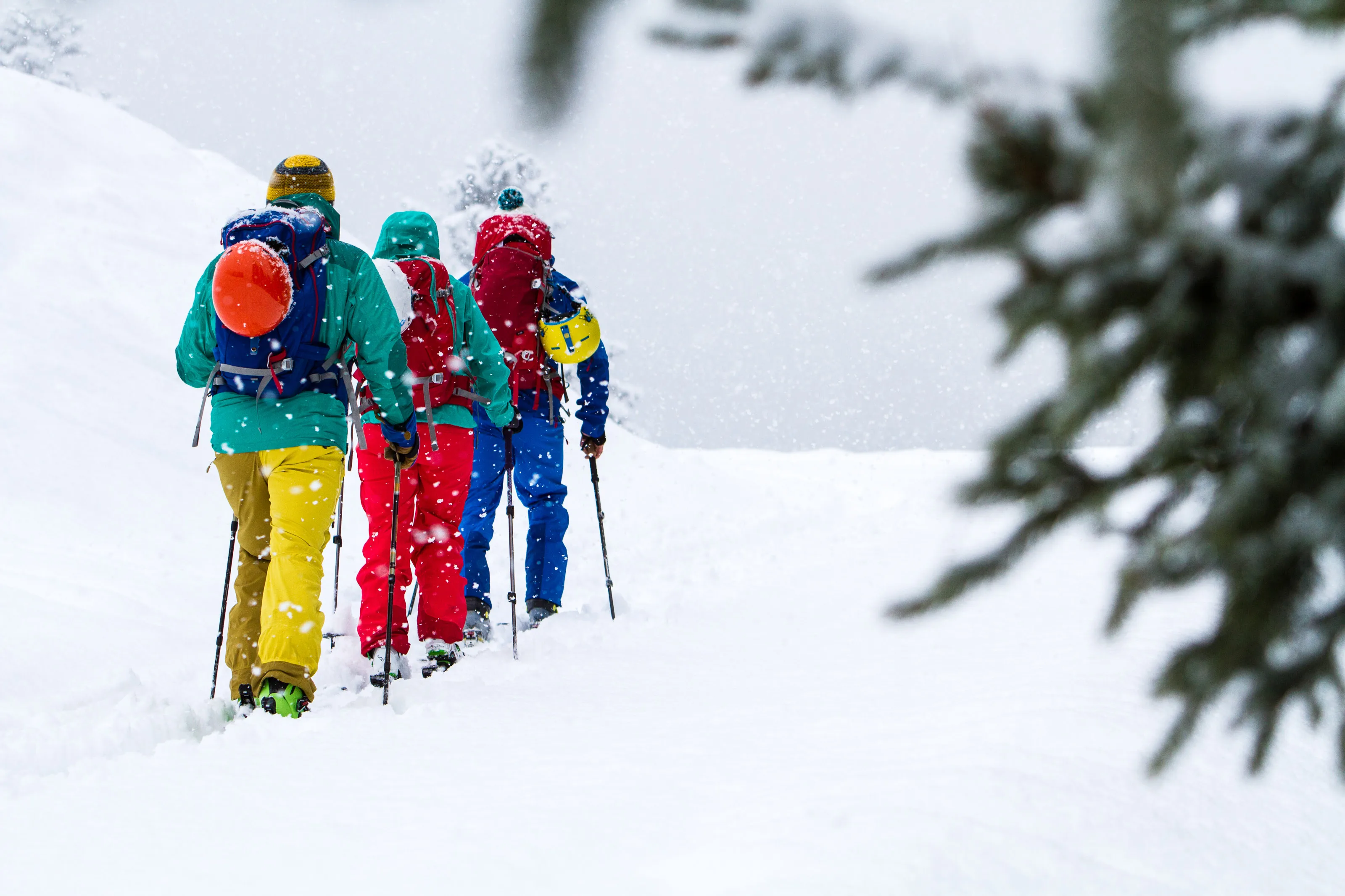 Gruppe steigt hintereinander durch frischen Schnee oberhalb des Allgäus