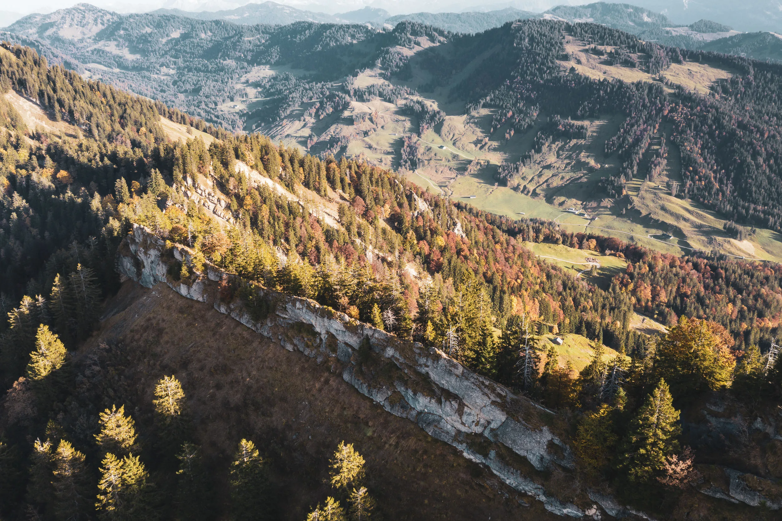 Ein langes Felsband zieht sich durch den farbigen Bergwald oberhalb der Allgäuer Täler.