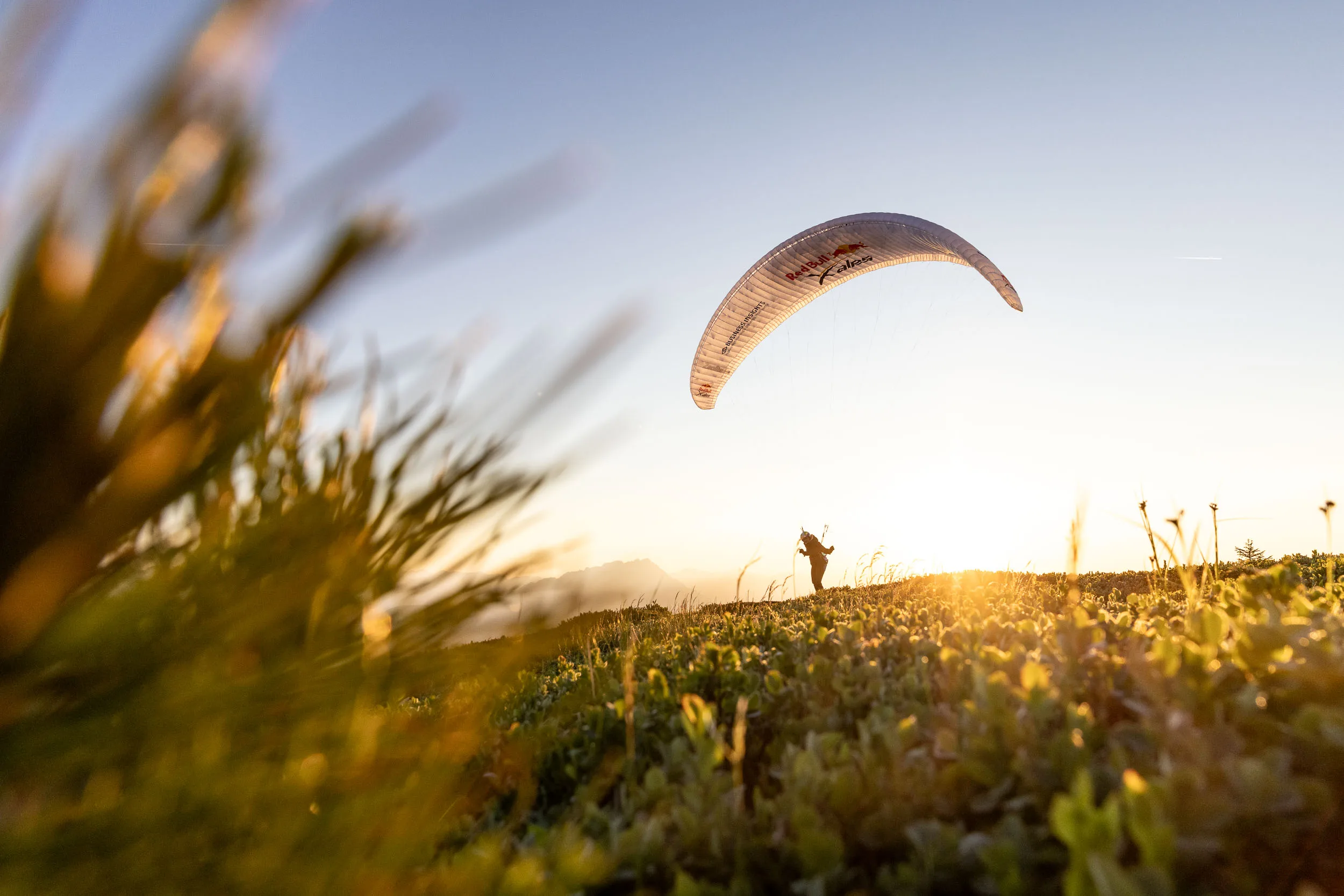 Gleitschirm ueber einer alpinen Wiese im Ennstal vor der Morgensonne