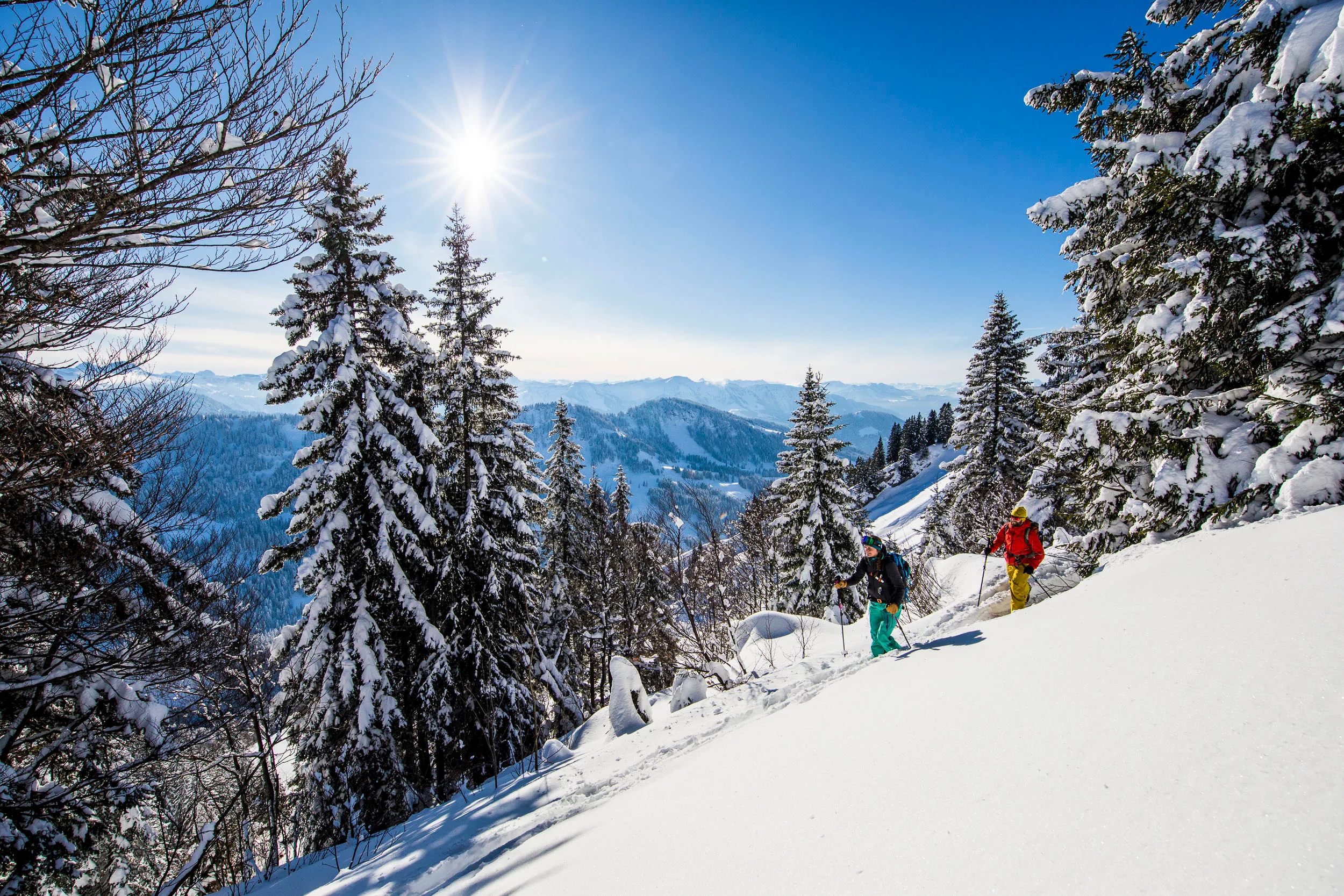 Skitourengeher blicken über die verschneiten Bergketten des Allgäus.