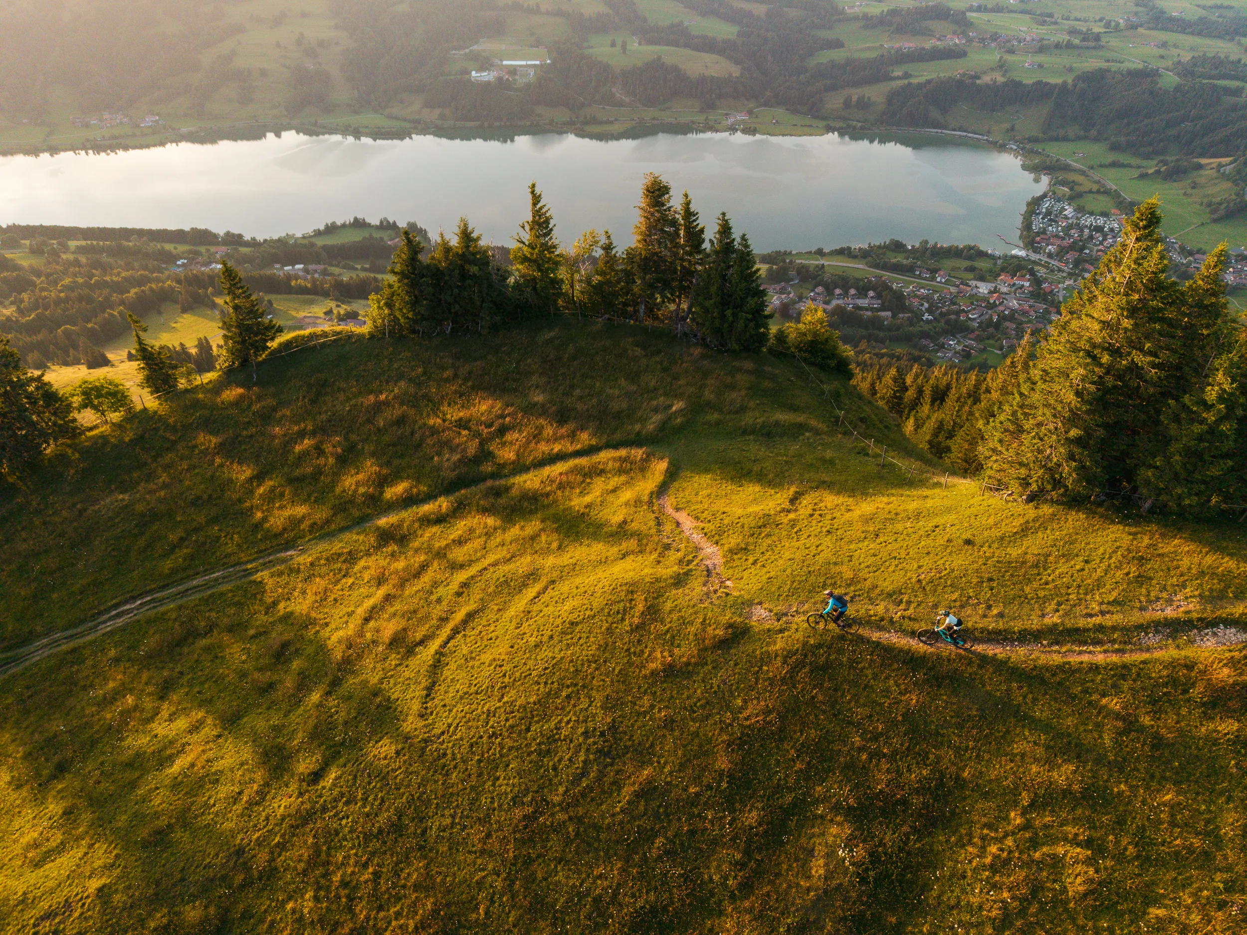Florian Häusler und Kilian Morell folgen einer Trailkurve auf der goldenen Bergwiese