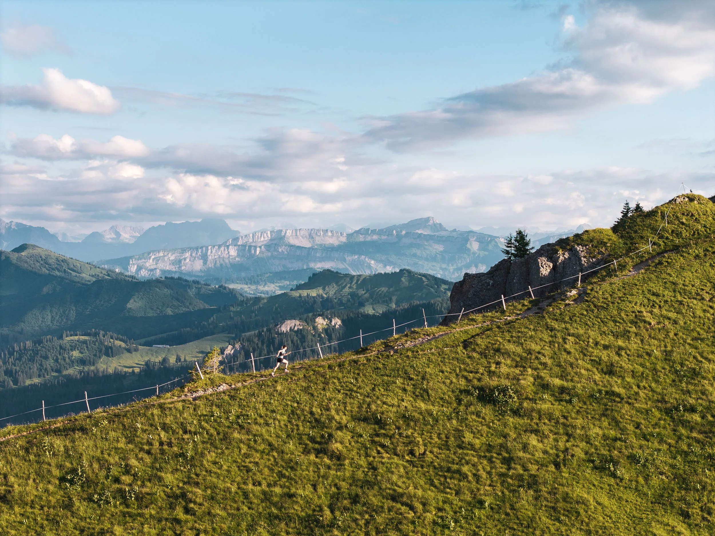 Eine Trailrunnerin läuft auf einem sonnigen Wiesenhang bergauf, dahinter liegen gestaffelte Bergketten.