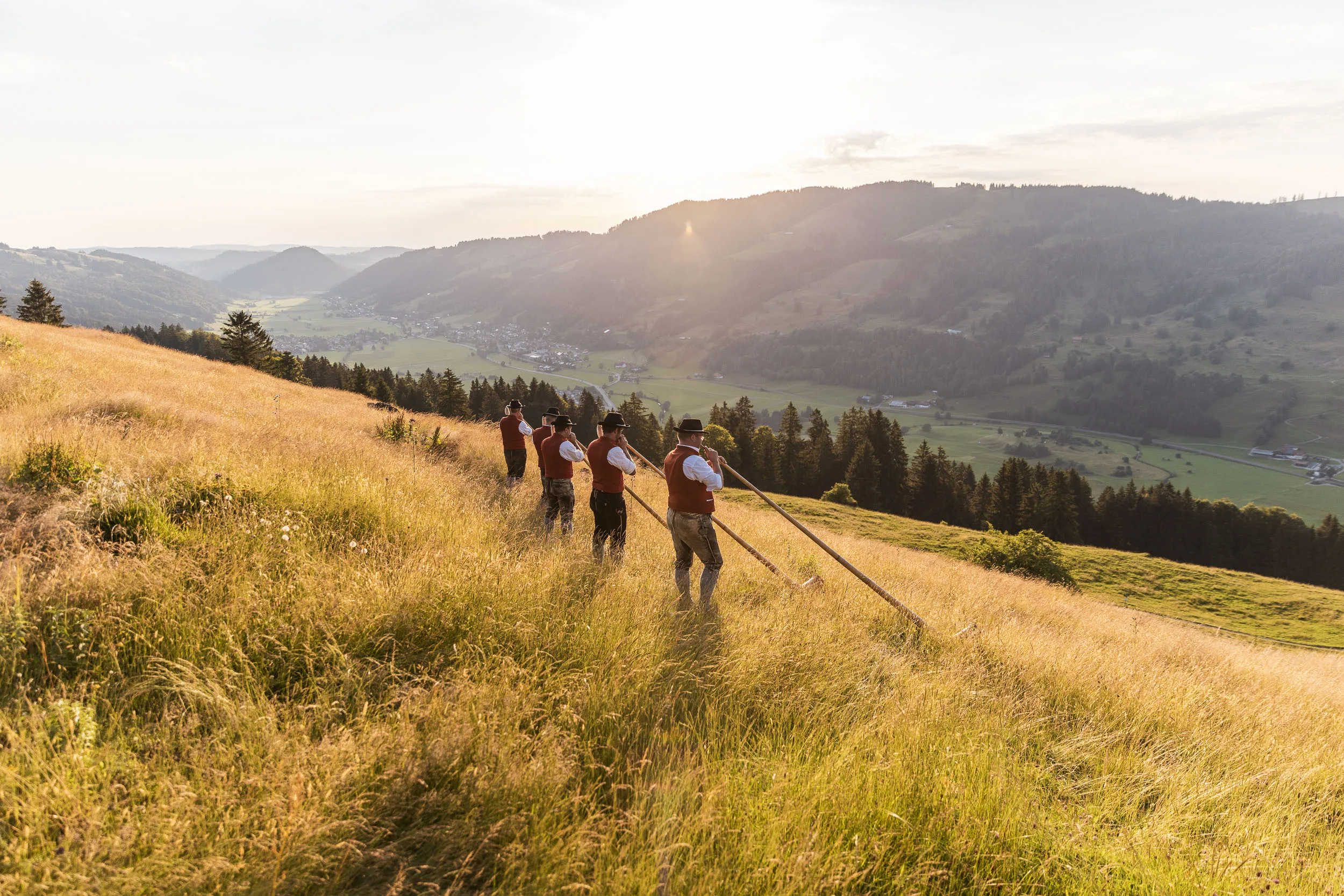 Alphornbläser auf einer blühenden Bergwiese mit Blick in das Allgäu zur Abendsonne.