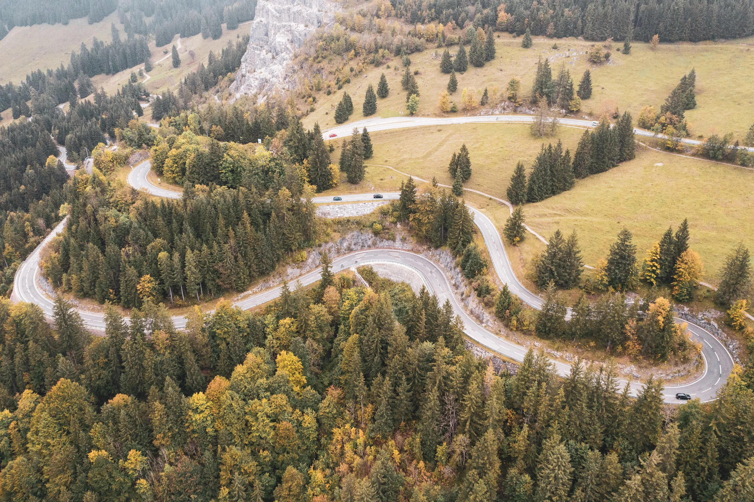 Die Passstraße am Oberjoch windet sich zwischen herbstlichem Wald, Felsen und Bergwiesen.