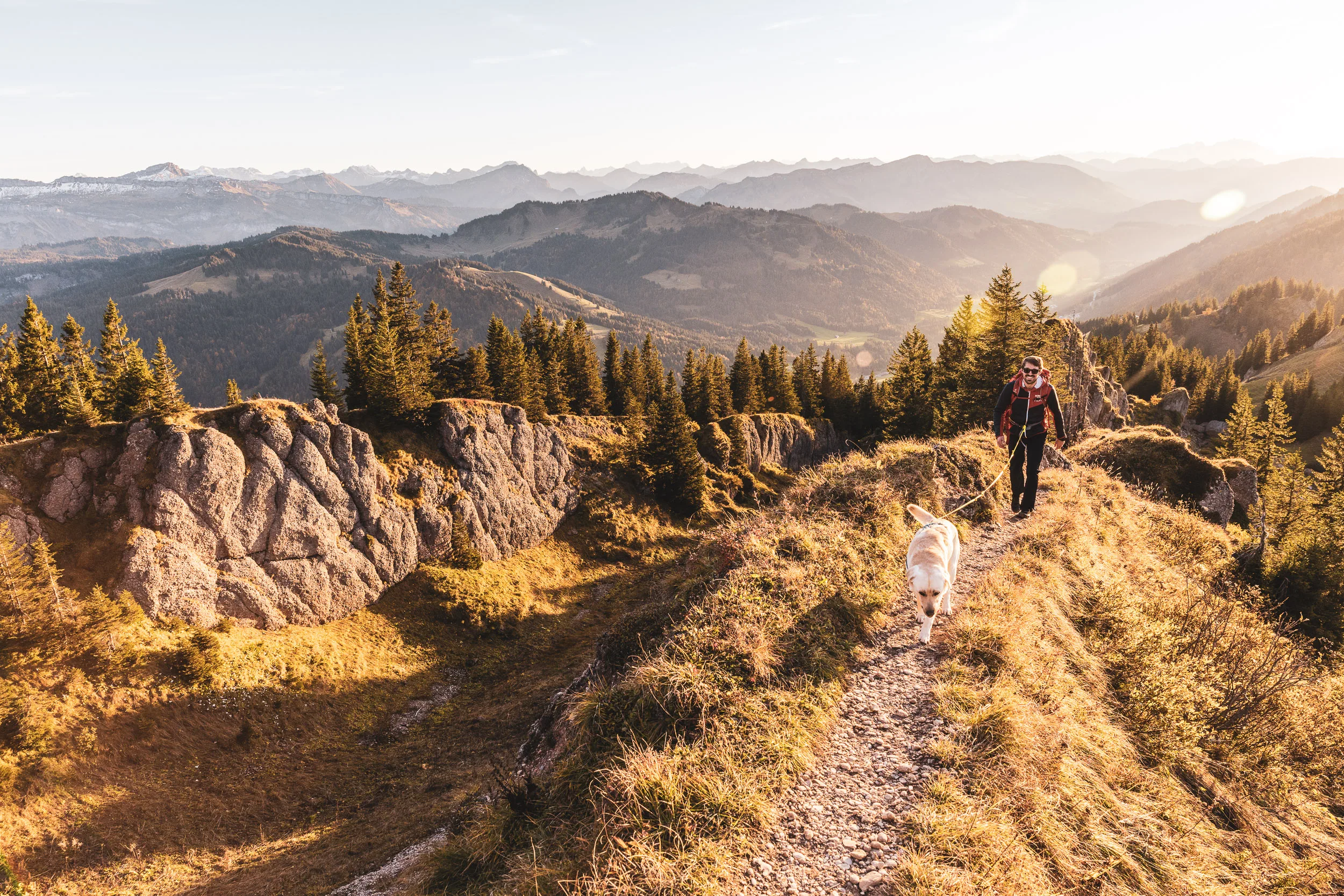 Hund Oskar läuft auf einem Bergpfad voraus, Andreas Kögel folgt im warmen Abendlicht