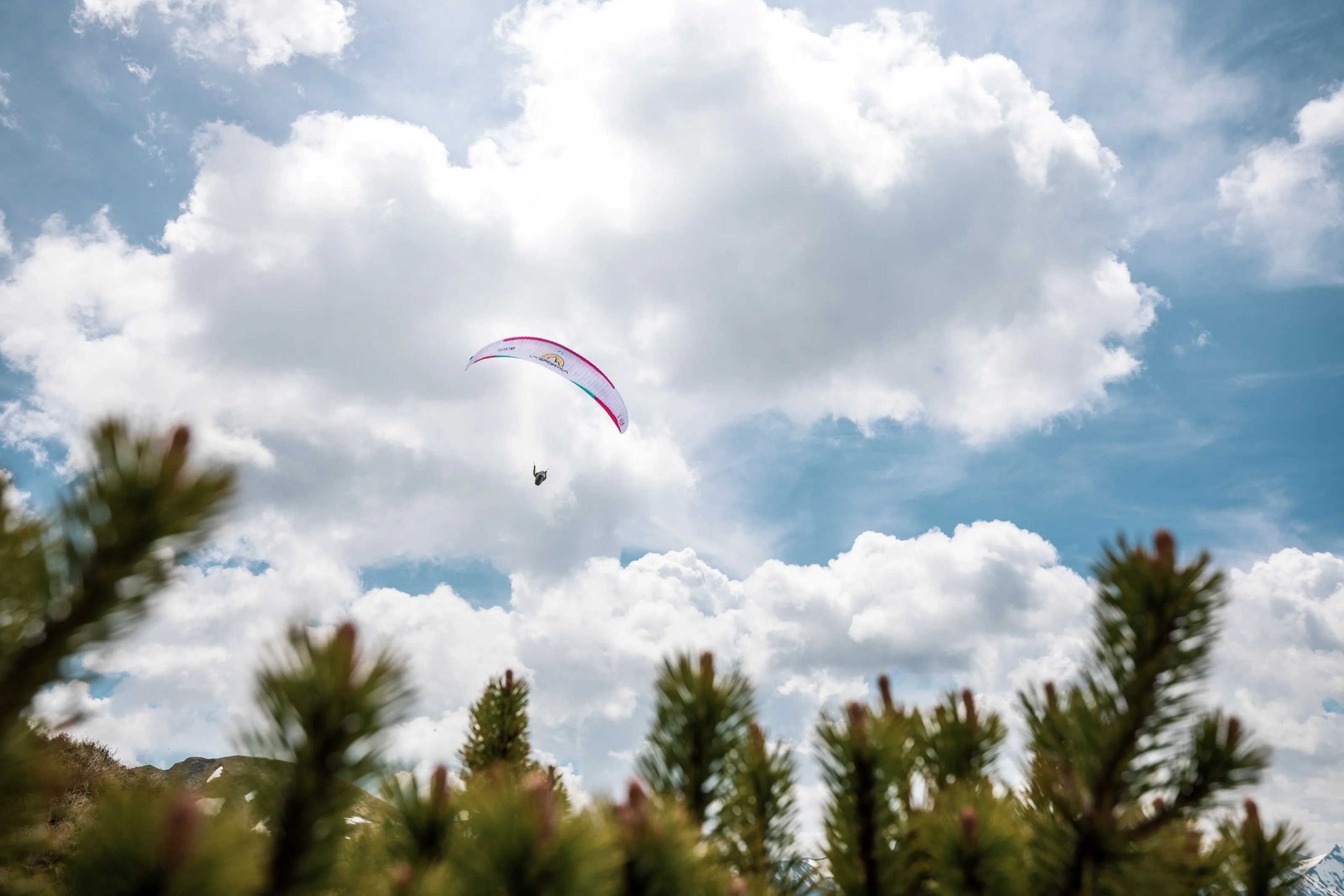 Ein kleiner Gleitschirm fliegt unter Wolken über einem Hang mit Latschen.