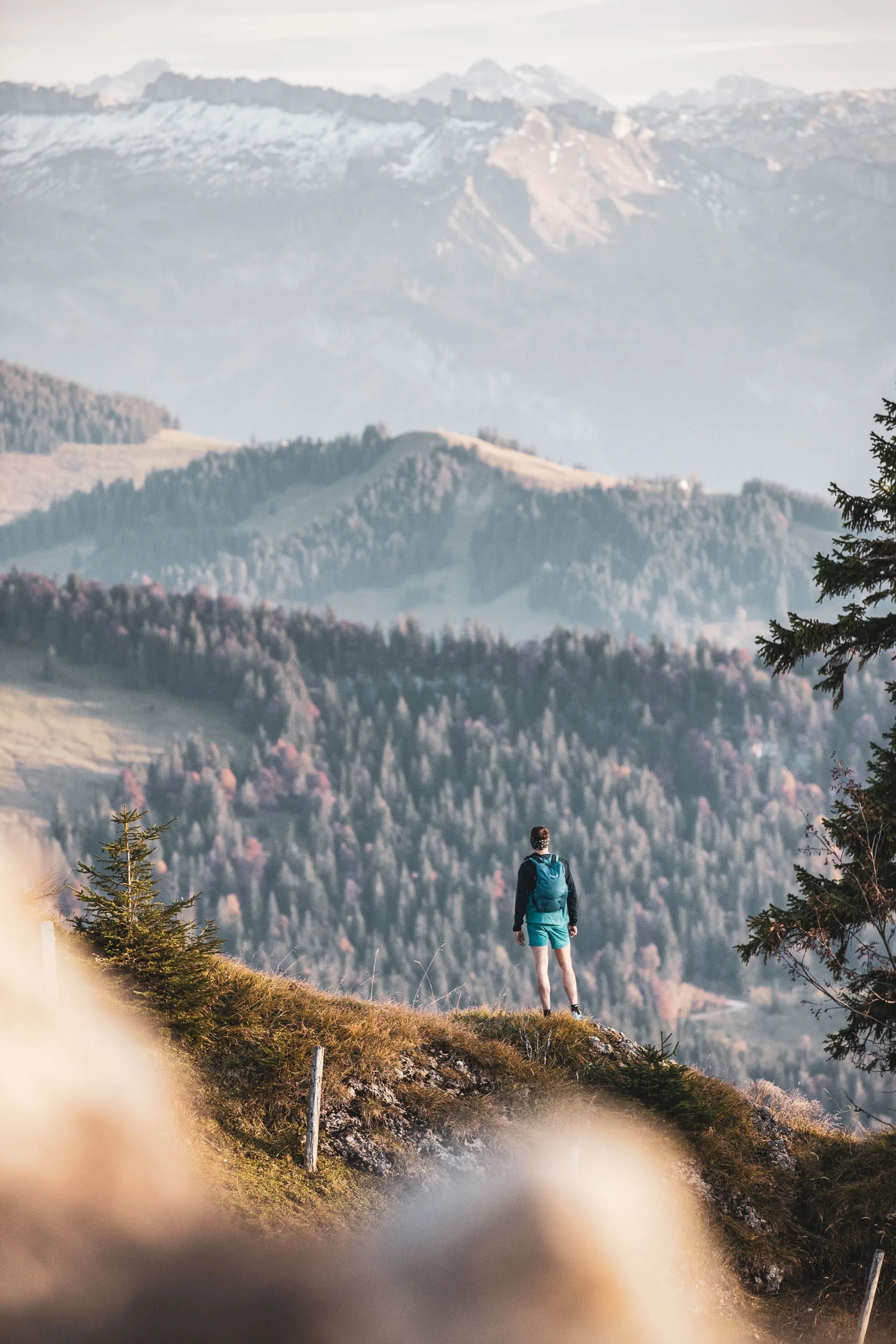 Ein Trailrunner steht auf einem schmalen Gratweg über den herbstlich gefärbten Hängen der Nagelfluhkette.