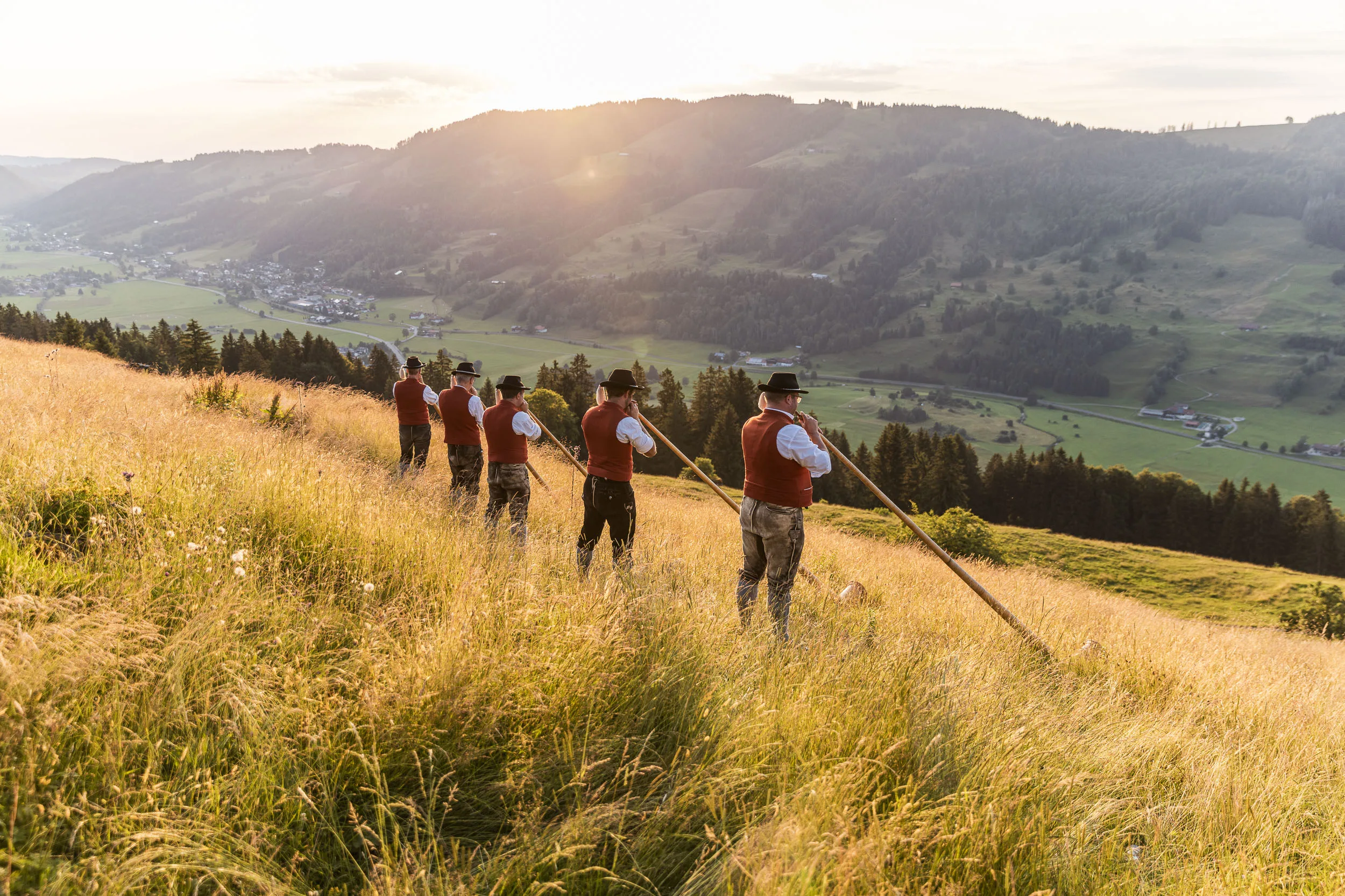 Mehrere Alphornbläser auf einer Bergwiese mit weitem Blick über das Allgäu.