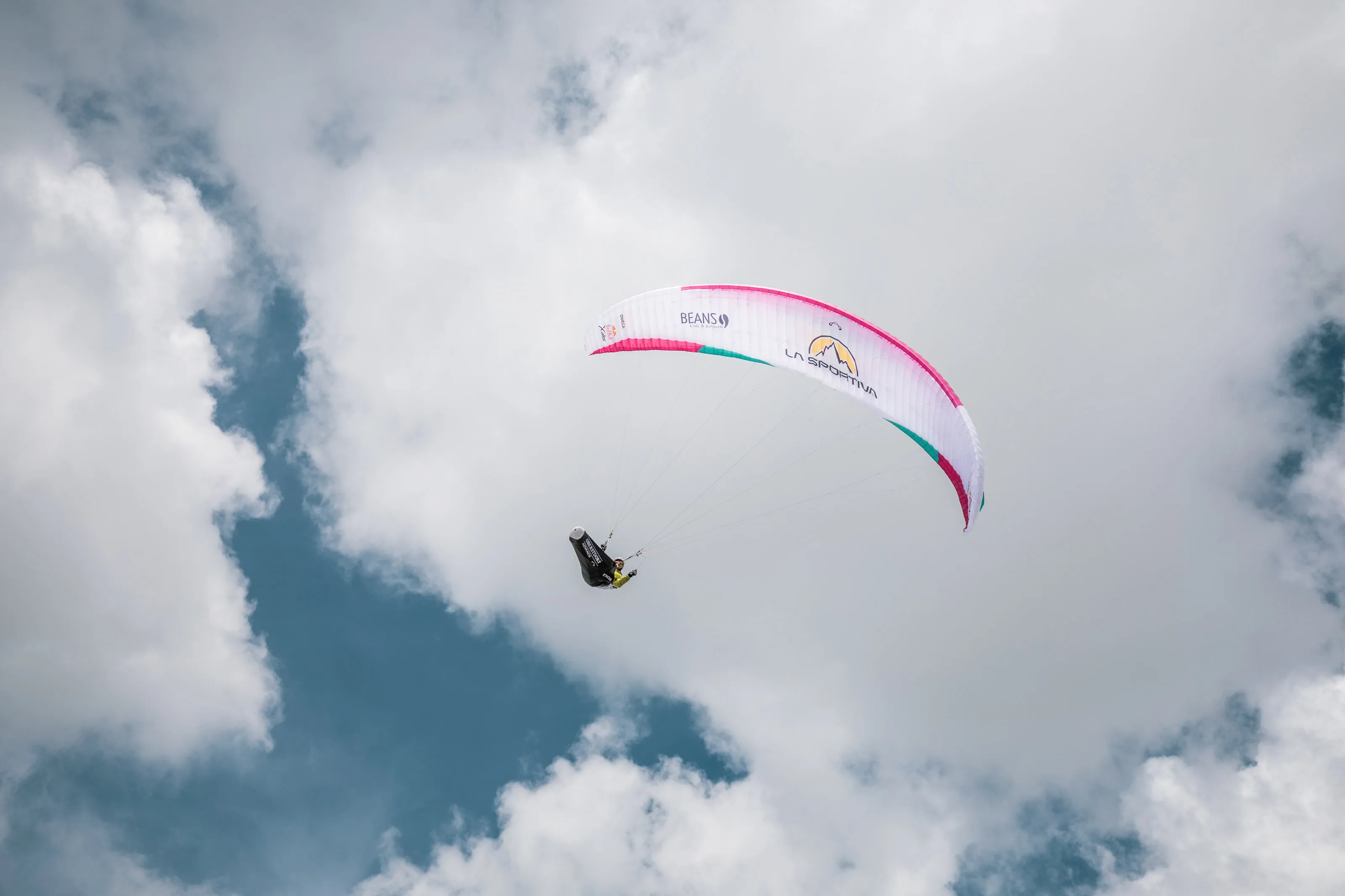 Ein pinkweißer Gleitschirm mit Michael Lacher steht groß vor einer hellen Wolkenwand.