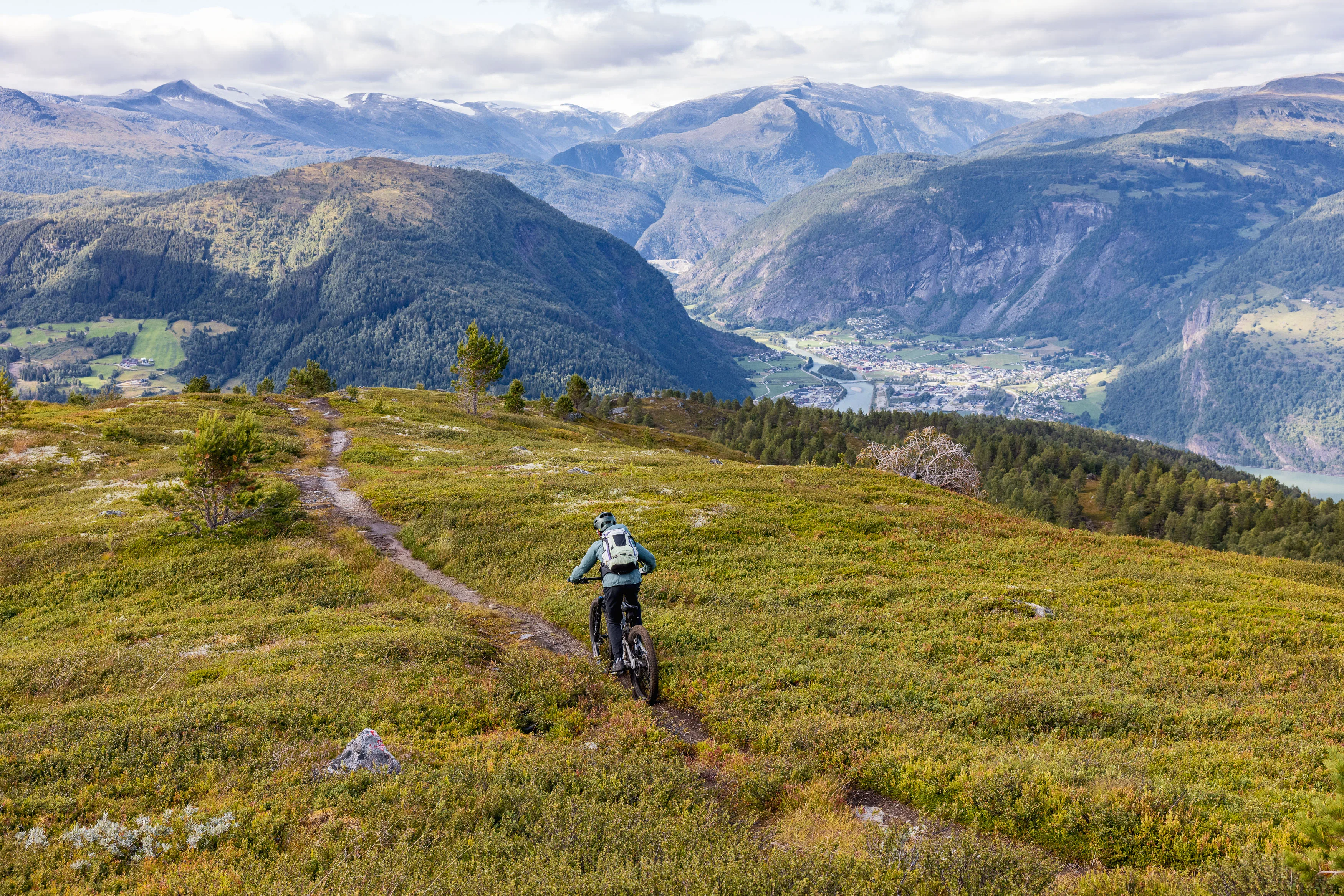 Mountainbiker fährt auf einem schmalen Pfad durch eine offene Bergheide ins Tal