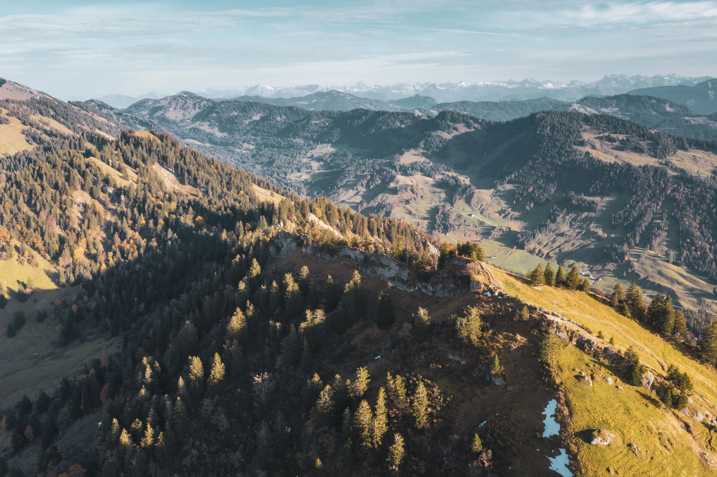 Luftaufnahme von Felsrücken, Wald und offenen Weideflächen in der herbstlichen Nagelfluhkette.