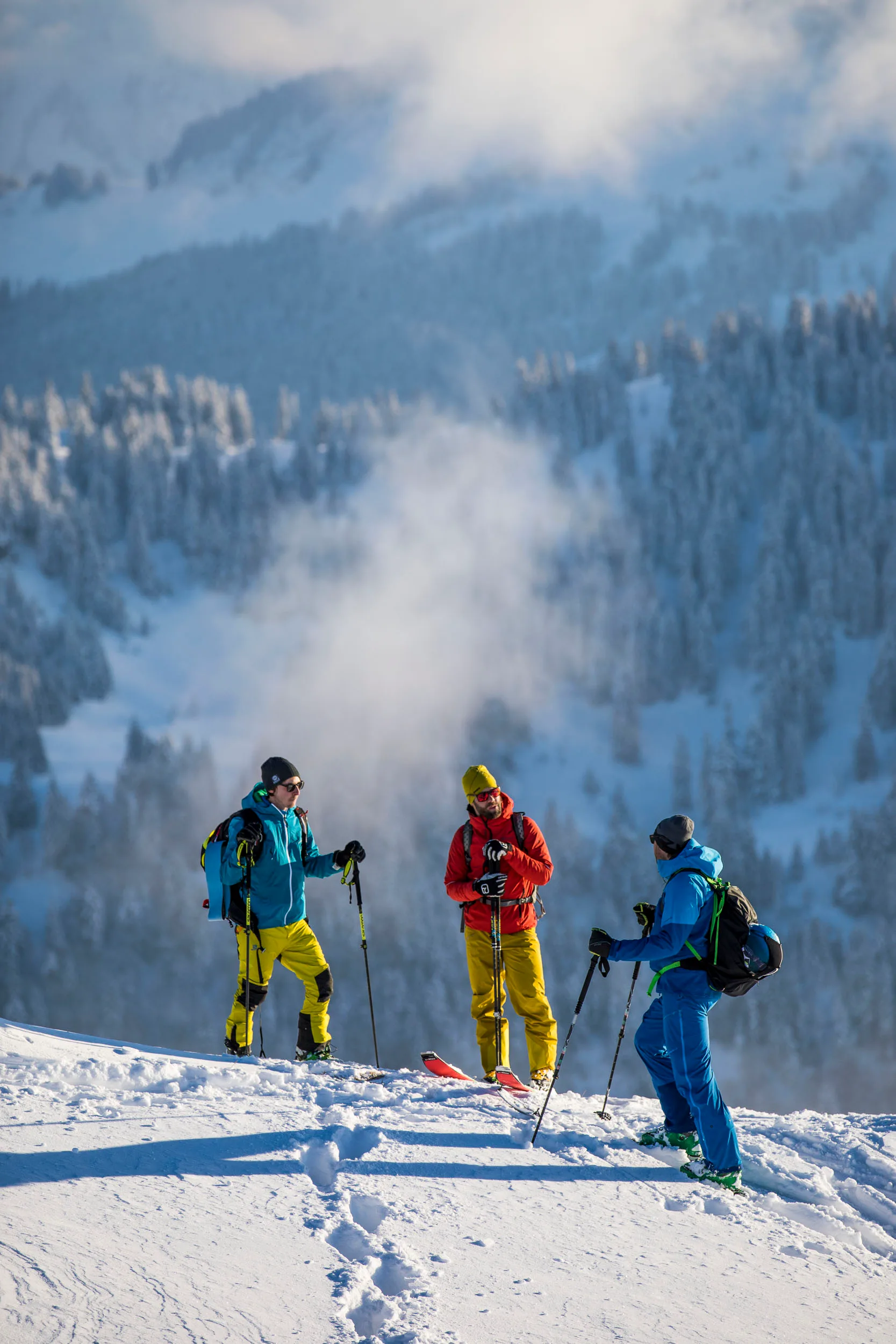 Drei Skitourengeher stehen mit Ski vor einem winterlichen Berghang.