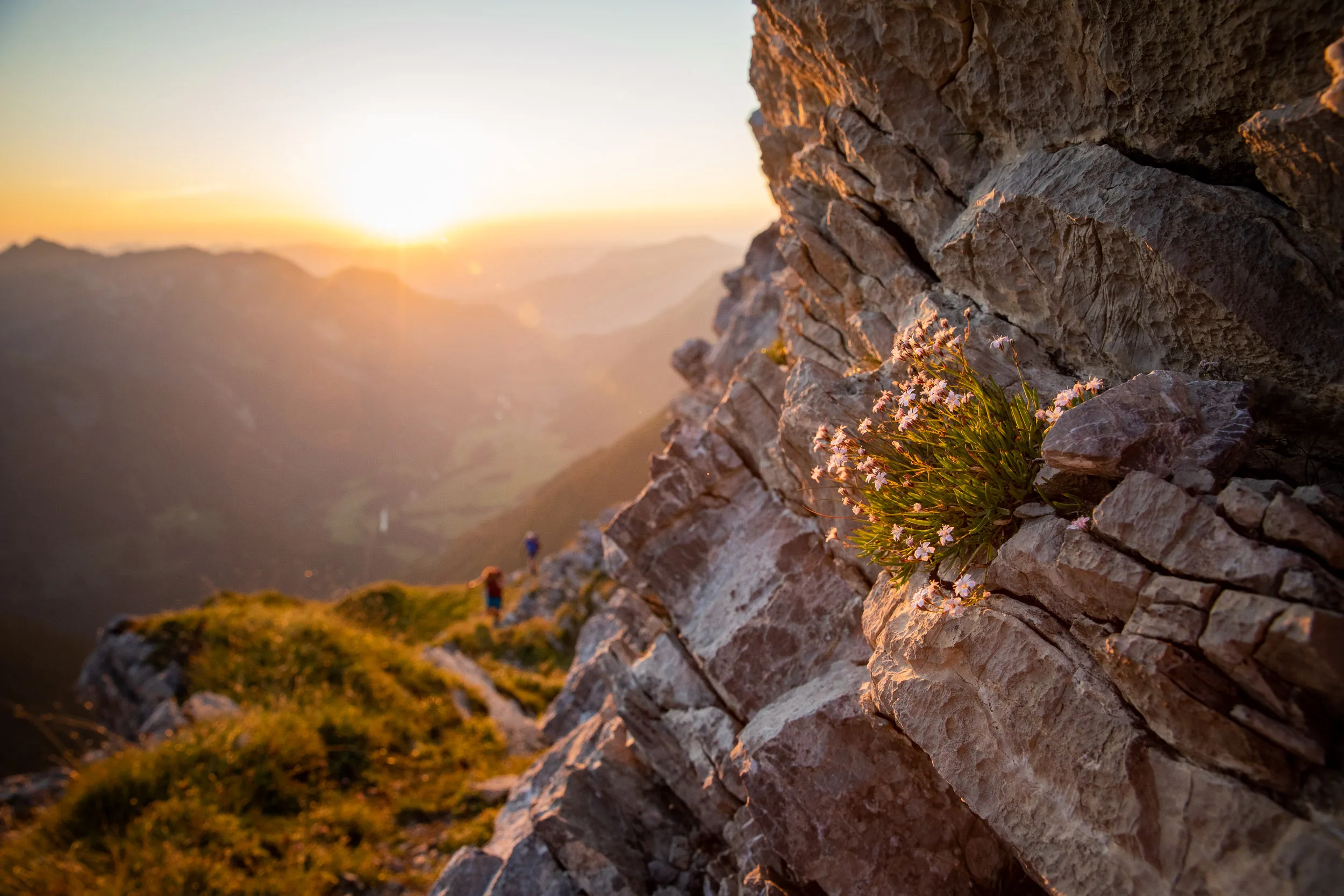 Sonnenlicht fällt hinter einem schroffen Felsgrat auf das Tal im Hintergrund