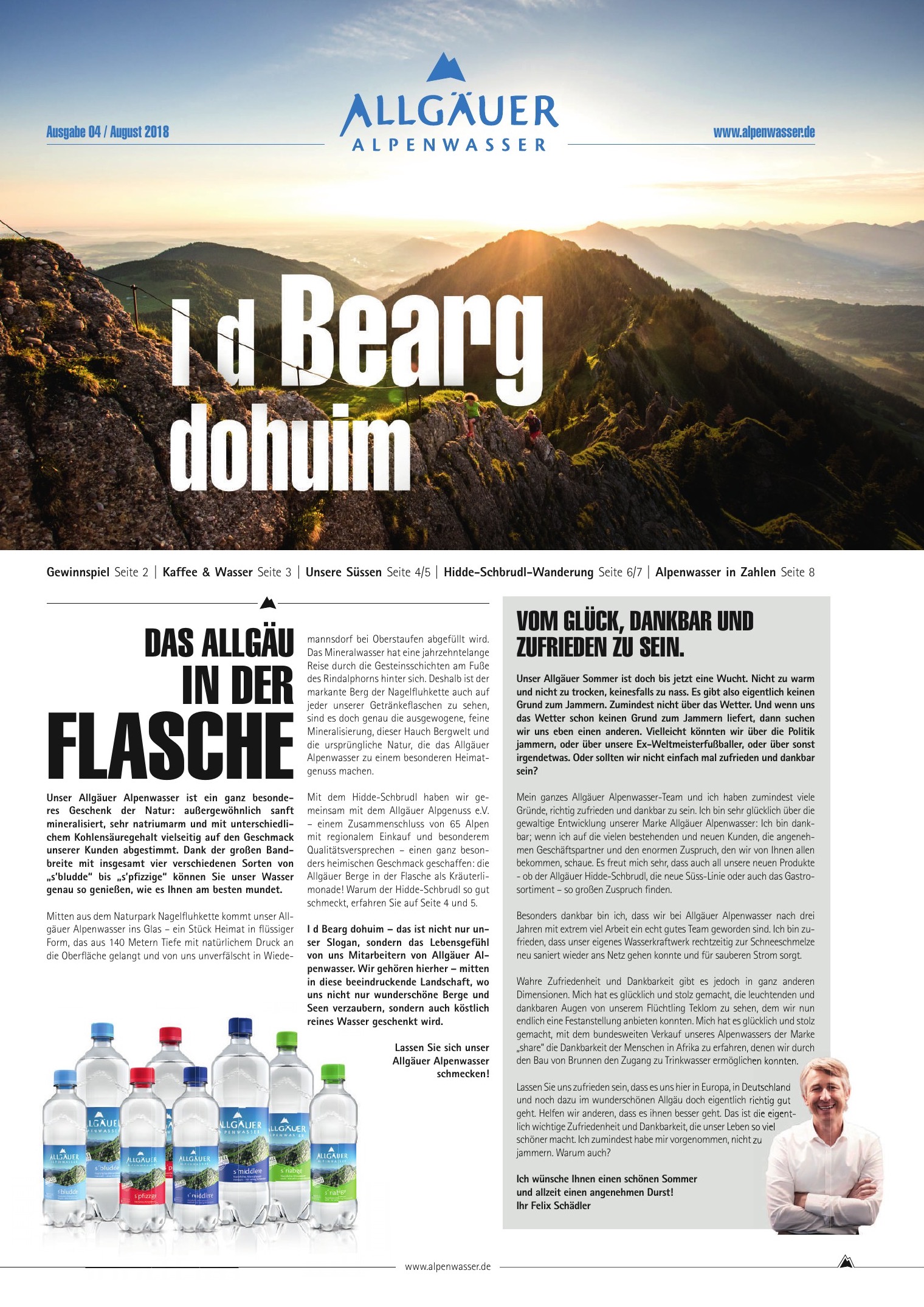 Titelseite der Allgäuer Alpenwasser Zeitung 2018 mit Wanderern im warmen Abendlicht am Berg
