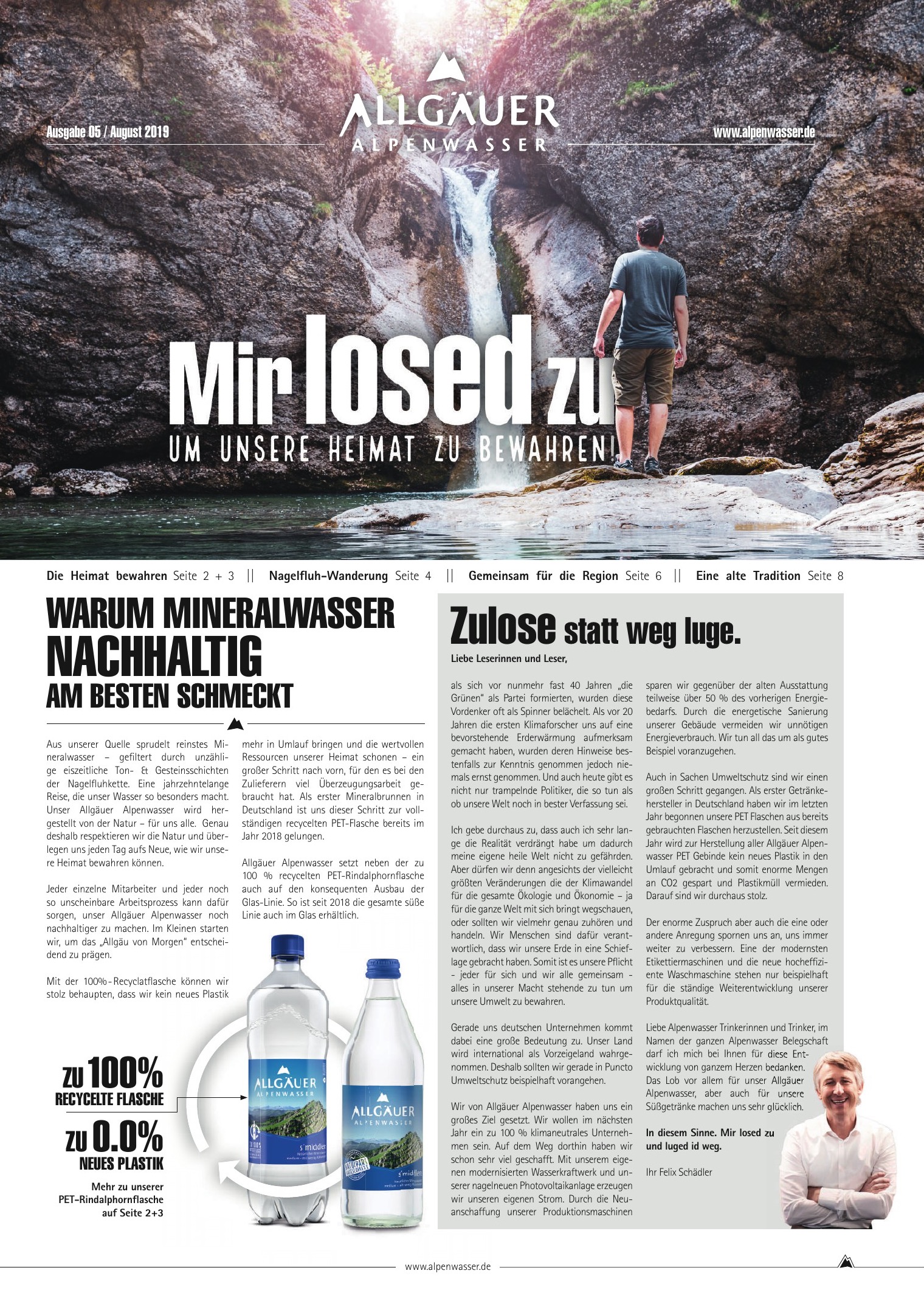 Titelseite der Allgäuer Alpenwasser Zeitung 2019 mit Wanderer vor einem Wasserfall in einer Felsschlucht