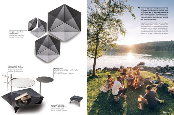 Magazindoppelseite der höfats TRIPLE Feuerstelle mit Produktdetails und Freunden am abendlichen See