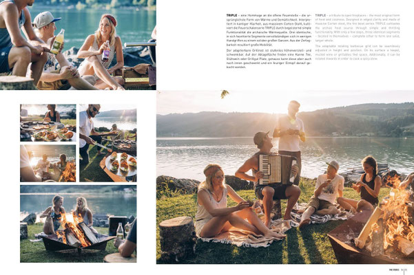 Magazindoppelseite der höfats TRIPLE Feuerstelle mit sommerlichen Szenen und Lagerfeuer am See