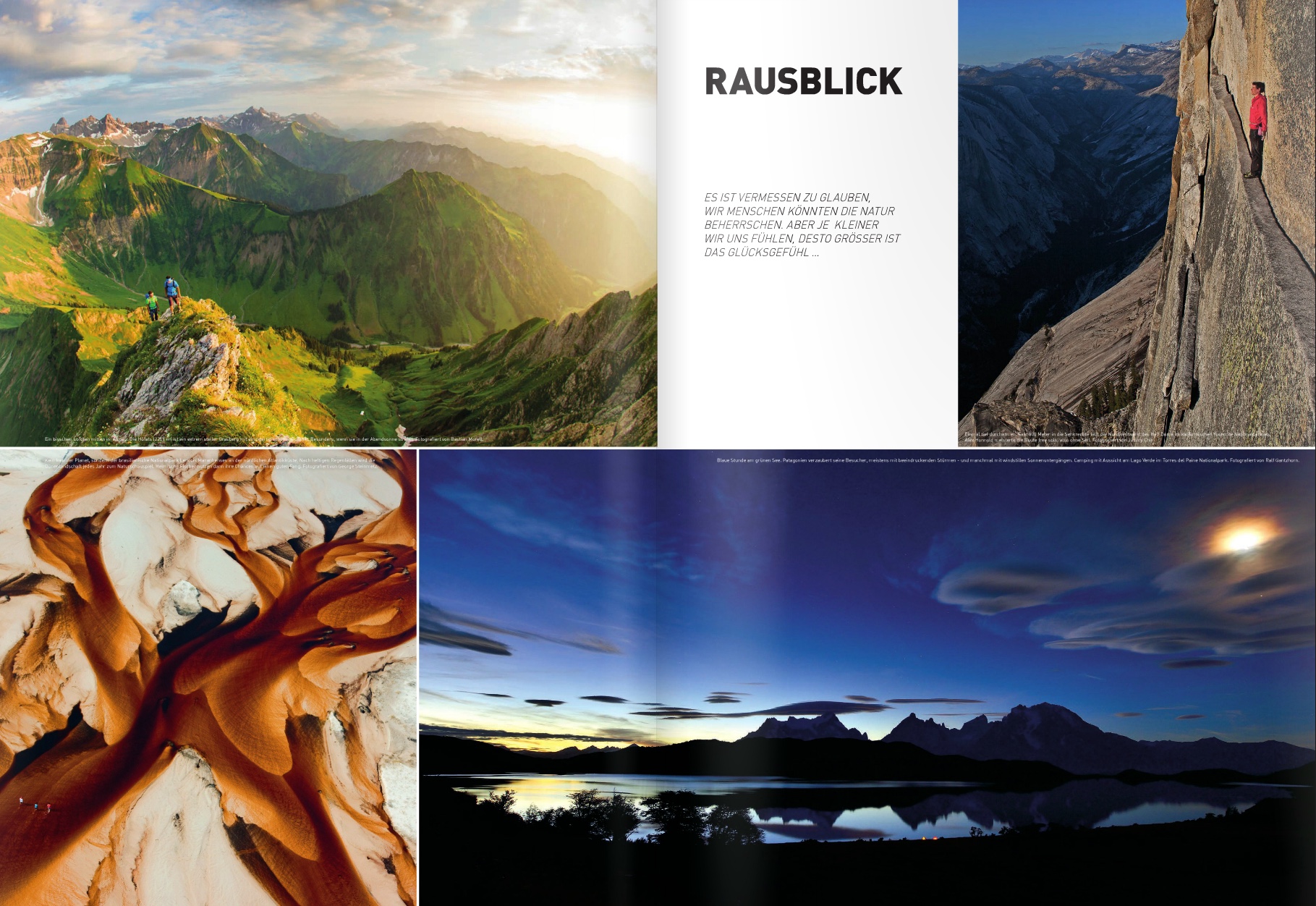 Rauszeit Magazinstrecke mit Berglandschaft, Kletterer, Felsstrukturen und nächtlichem See
