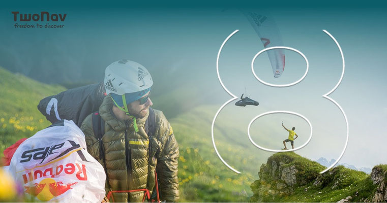 TwoNav Kampagnenmotiv mit Gleitschirmpilot in alpiner Landschaft und grafischer Flugroute